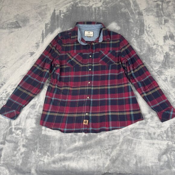 Legendary Whitetails Shirt Womens XL Navy Maroon Plaid Flannel CabinCore Cottage - Picture 1 of 11